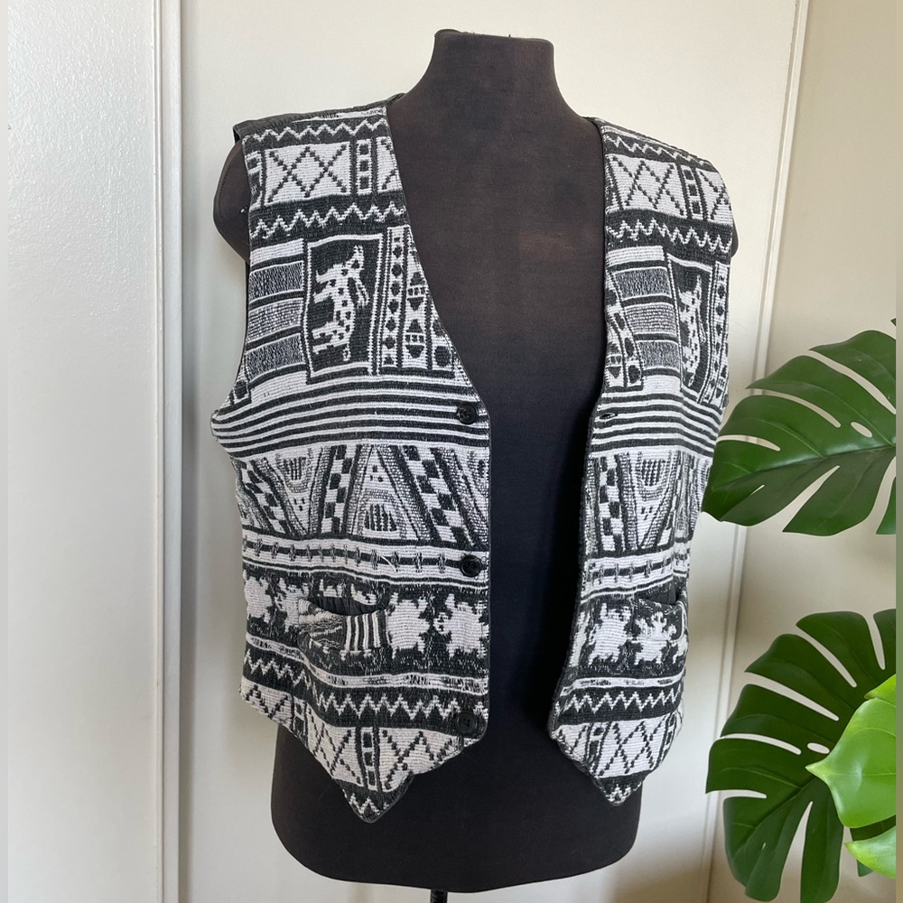 Vintage button down vest 100% cotton natural fiber grey and white pattern